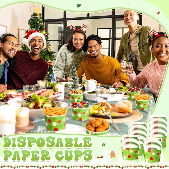 50 Pack 9 oz Christmas Soup Bowls Disposable Paper Ice Cream Cups Winter Themed Disposable Dessert Bowls Green Polka Dots Paper Snack Cups for Hot and Cold Food Christmas Party Supplies