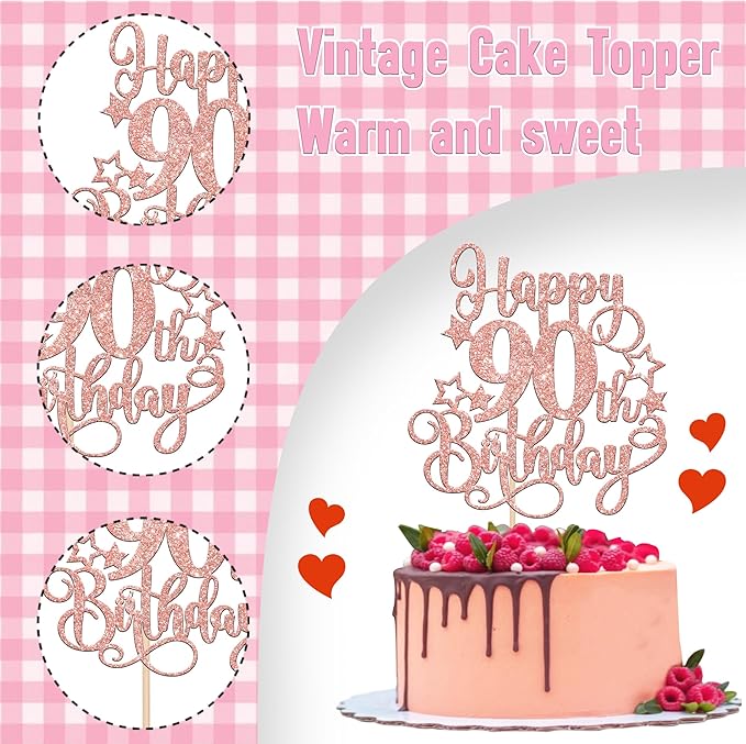 1 PCS Happy 90th Birthday Cake Topper Glitter Cheers to 90 Years Birthday Cake Pick Hello 90 Fabulous Cake Decoration for Happy 90th Birthday Anniversary Party Decorations Supplies Rose Gold