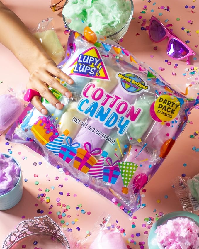 Lupy Lups! Cotton Candy Party Pack – 0.5 oz Each, Individually Wrapped Small bags – Perfect for Stockings, Treats, Party Favors, Buffet Tables, and Piñatas