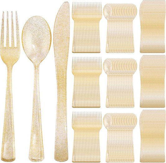 Supernal 300pcs Gold Glitter Plastic Cutlery Disposable Utensils Gold Plastic Silverware Sets Include 100 Forks, 100 Spoons & 100 Knives Serves for 100 Guests Suitable for Party,Thanksgiving
