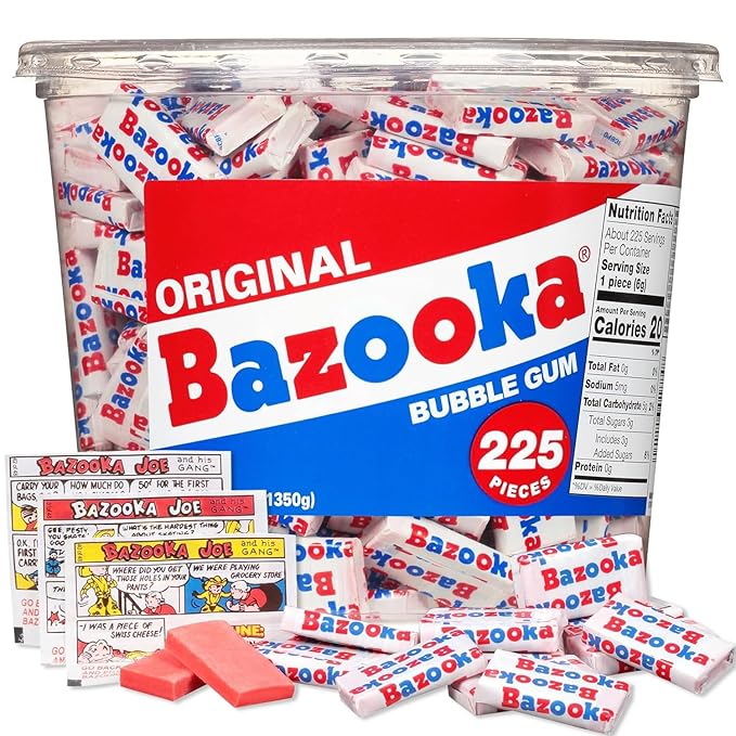 Bazooka Bubble Gum Bulk, Halloween Candy Bulk, 225 Count Tub of Chewing Gum Individually Wrapped, Old Fashioned 90's Candy for Baseball, Party Favors, Goodie Bags, Trick or Treating