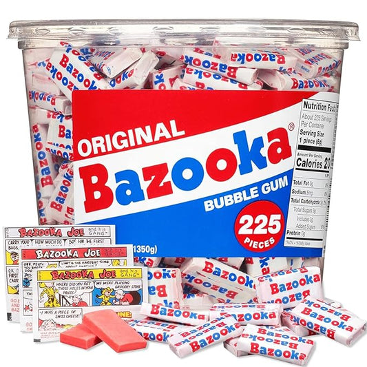 Bazooka Bubble Gum Bulk, Halloween Candy Bulk, 225 Count Tub of Chewing Gum Individually Wrapped, Old Fashioned 90's Candy for Baseball, Party Favors, Goodie Bags, Trick or Treating