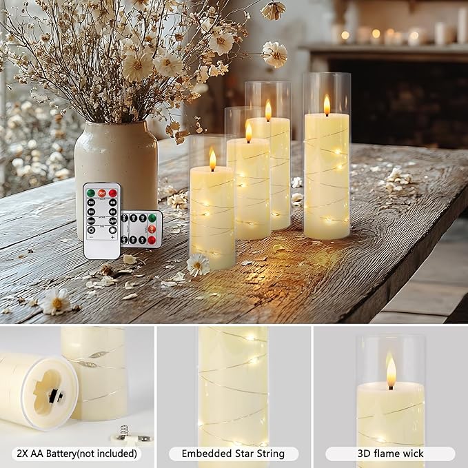 24 Pack Acrylic Flameless Candles,with Embedded Star String, Battery Operated Candles Flickering LED Pillar Candles with Remote Control and Timer, Ideal for Indoor/Outdoor Decor,Wedding,BBQ and Gift.