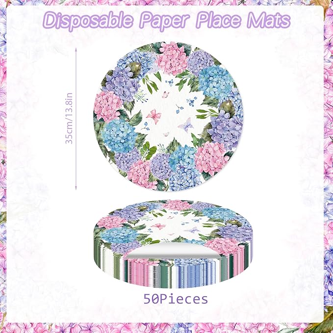 Paper Placemats Disposable 50 Pack Hydrangea Placemats 13.7 Inch Hydrangea Floral Place Mats Round Table Mats Spring Summer Table Mats for Birthday Wedding Party Supplies