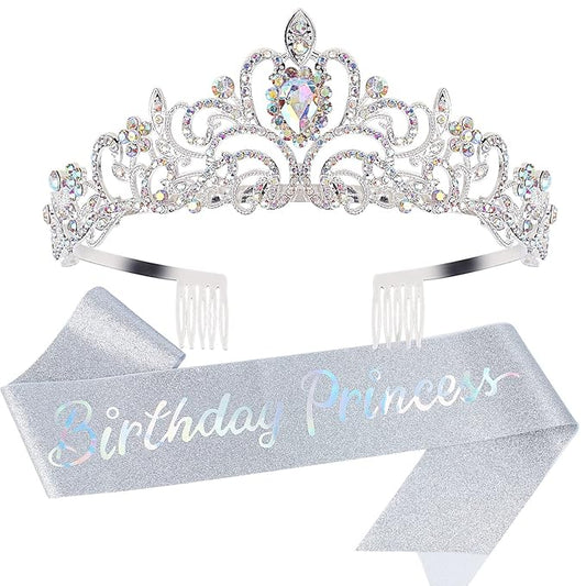 Princess Crown, Happy Birthday Tiara, Girl Sash for Women, Cake Popper, Birthday Party Decorations for Women, Headband Accessories