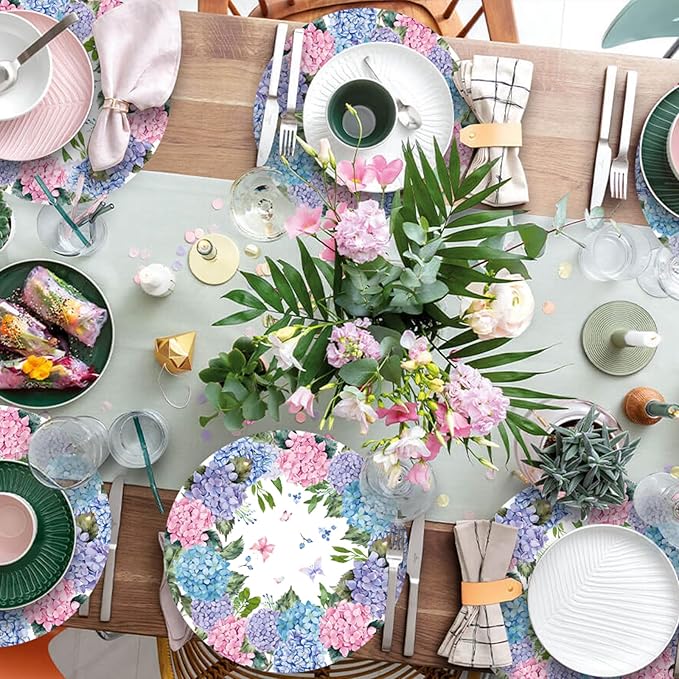 Paper Placemats Disposable 50 Pack Hydrangea Placemats 13.7 Inch Hydrangea Floral Place Mats Round Table Mats Spring Summer Table Mats for Birthday Wedding Party Supplies