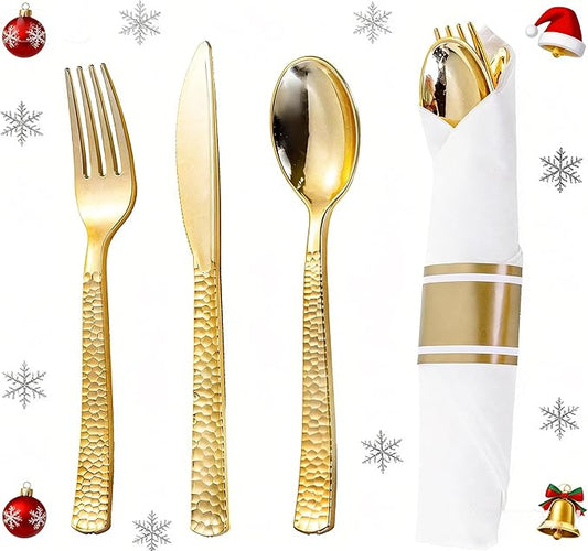 WELLIFE 50 Pack Gold Plastic Silverware with Pre Rolled Napkins,Hammer Pattern Design,Plastic Cutlery Includes: 50 Forks,50 Knives,50 Spoons,50 Napkins,Gold Silverware Disposable for Christmas