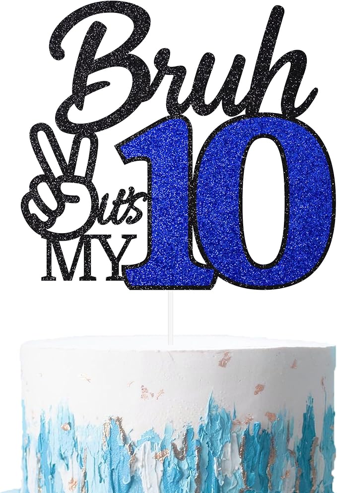 1 Pcs Bruh I'm 10 Cake Topper, Happy 10th Birthday Cake Pick, It's My 10th Birthday Party Decoration For Boys, Funny Boy Cheers To 10 Year Party Supply(Blue & Black)