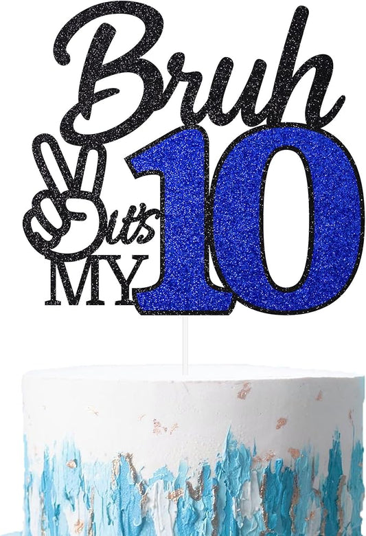 1 Pcs Bruh I'm 10 Cake Topper, Happy 10th Birthday Cake Pick, It's My 10th Birthday Party Decoration For Boys, Funny Boy Cheers To 10 Year Party Supply(Blue & Black)
