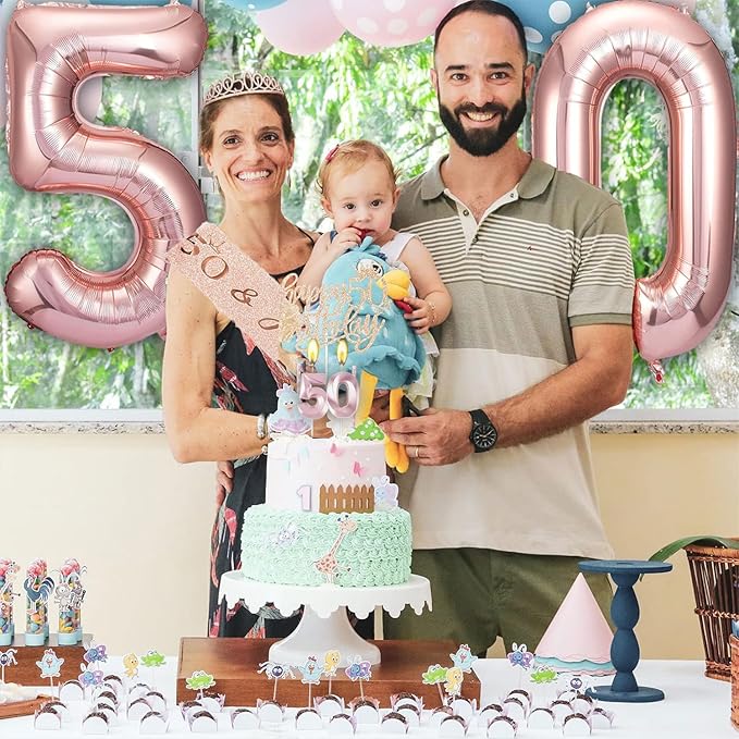 50th Birthday Gifts Decorations for Women, Including 50th Cake Toppers, Birthday Queen Sash with Pearl Pin, Sweet Rhinestone Tiara Crown, Number Candles and Balloons Set, Rose Gold