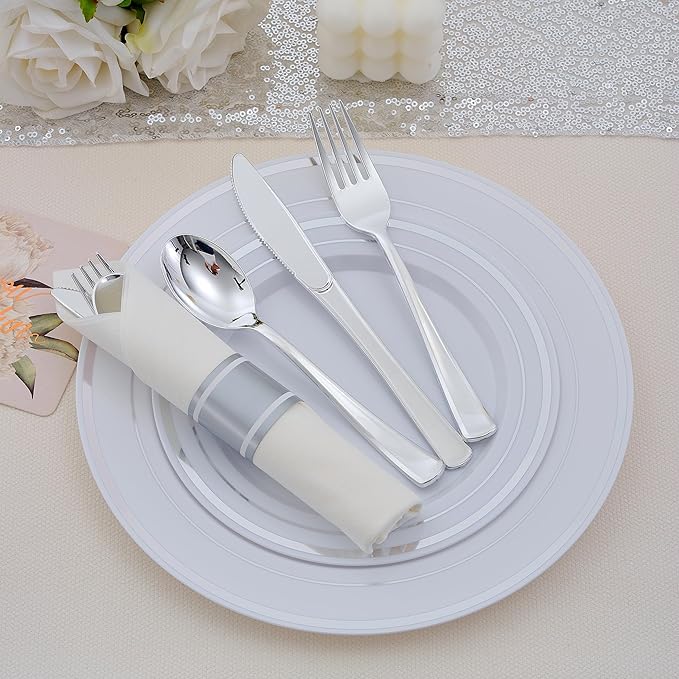 100 Pack Pre Rolled Silver Plastic Silverware Set with Napkins,Disposable Wrapped Heavy Duty Cutlery Set for Wedding Birthday Party-100 Forks,Knives,Spoon,Utensils Set,Plasticware Bulk
