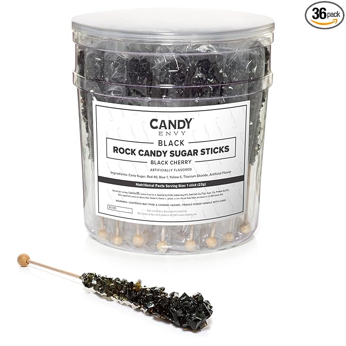Black Rock Candy Sugar Sticks - Black Cherry Flavored - 36 Individually Wrapped Candy Party Favors