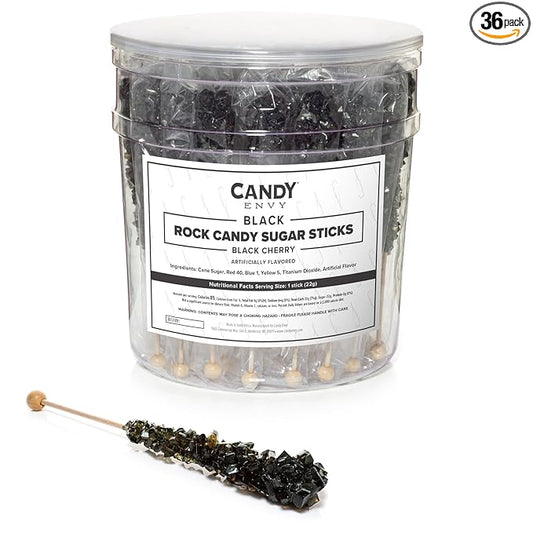 Black Rock Candy Sugar Sticks - Black Cherry Flavored - 36 Individually Wrapped Candy Party Favors