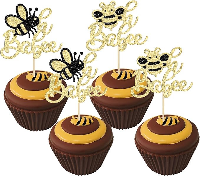 24Pcs Bumble Bee Cupcake Toppers Glitter Oh Babee Cupcake Picks Oh Baby Cupcake Pick Decorations for Bee Theme Baby Shower Kids Birthday Party Decorations Supplies