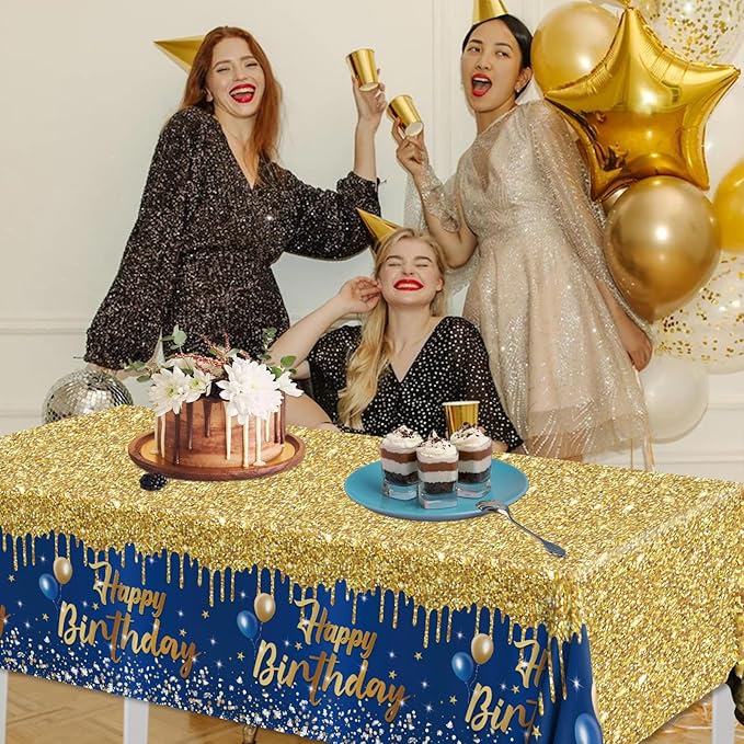 Happy Birthday Tablecloth,3pcs Navy Blue and Gold Table Cloths for Parties Glitter Birthday Decoration for Women Men’s 18th 21st 30th 40th 60th 70th Birthday Party Supplies