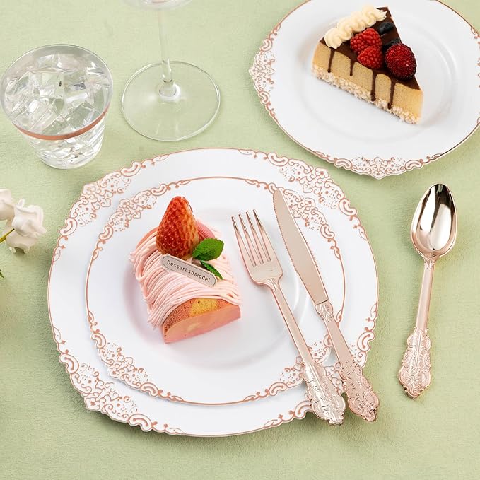 100 Pack Rose Gold Plastic Silverware with Pre Rolled Napkins for 100 Guests, Heavyweight Rose Gold Disposable Utensils Sets Includes 300 Plastic Cutlery, 100 Napkins for Party & Wedding