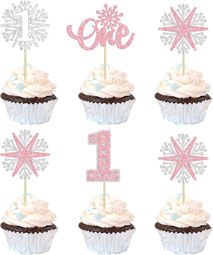 24Pcs Snowflake One Cupcake Toppers Pink Glitter Winter Snowflake 1st Birthday Cupcake Picks First Birthday Cake Decorations for Winter Wonderland Kids 1st Birthday Party Supplies