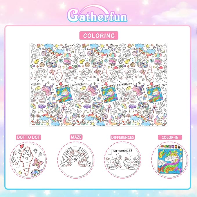 Gatherfun Magical Unicorn Birthday Party Supplies Color-in Disposable Paper Tablecloth | 54x88 in Rainbow Unicorn Party Decorations Set for Kids Birthday, School & Special Events