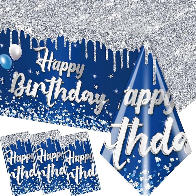 Happy Birthday Tablecloth,3pcs Navy Blue and Sliver Table Cloths for Parties Rectangle Glitter Navy Blue Birthday Decoration for 18th 21st 30th 40th 60th 70th Birthday Party Supplies