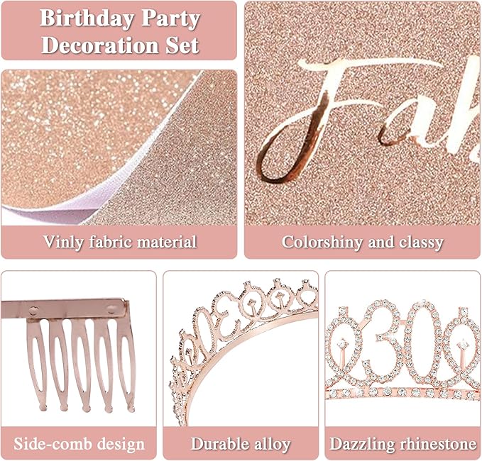 30th Birthday Gifts for Women Her - Elegant Decorations with Vintage Wine Glasses, Wine Bag, Birthday Sash, Crown,Rhinestone Birthday Tiara, Perfect for Women,Mom,Wife,Coworker,Best Friend,Sister