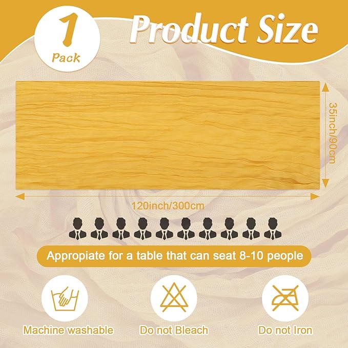 1 Pack Cheesecloth Table Runner Rustic Sheer Boho Gauze 35 x 120 Inch Centerpiece Cheese Cloth for Bridal Baby Shower Summer Spring Decorations Gold