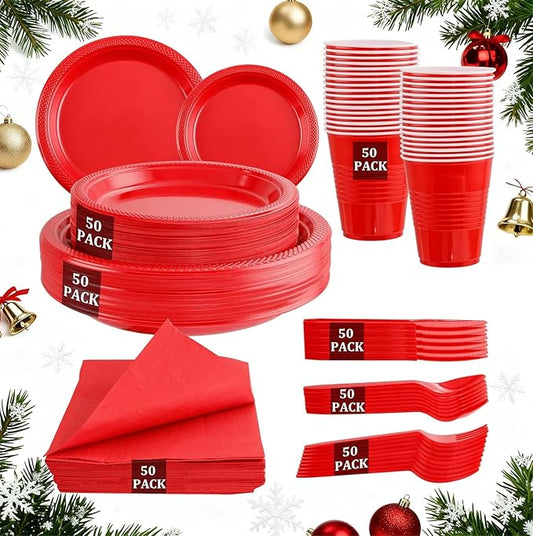 MirthMood 350PCS Red Disposable Plastic Plates,Red Dinnerware Set Includes 50 Dinner Plates, 50 Salad Plates, 50 Sets of Silverware, 50 Napkins and 50Pcs 12OZ Plastic Cups
