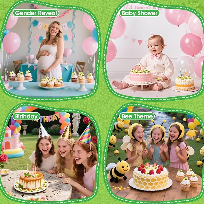 24 PCS Bee Cupcake Toppers Cupcake Rings Birthday Cupcake Toppers Bee Cupcake Picks Cake Decorations Supplies for Bee Theme Baby Shower Party