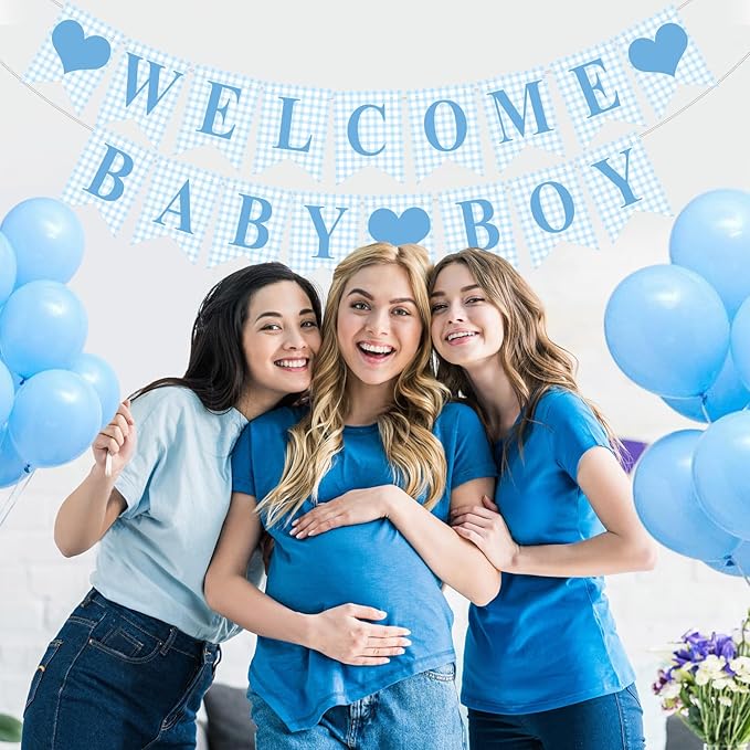 1 Pcs Blue Gingham Welcome Baby Boy Banner for Baby Shower Party Decorations Pre Strung Gender Reveal Paper Banner for Table, Wall, Mantel Display Party Decor Supplies