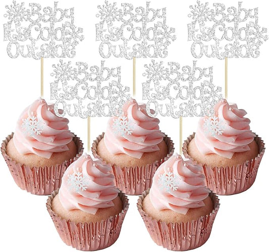 24Pcs Baby It's Cold Outside Snowflake Cupcake Toppers Glitter Winter Frozen Cupcake Picks for Winter Wonderland Baby Shower Birthday Party Cake Decorations Supplies Silver