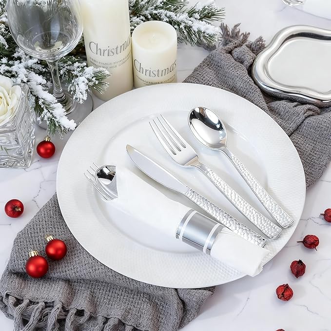 WELLIFE 400PCS Silver Plastic Silverware, Pre Rolled Silverware Set Disposable,Plastic Cutlery Includes: 100 Forks, 100 Knives, 100 Spoons, 100 Napkins, Cutlery Set Disposable for Christmas