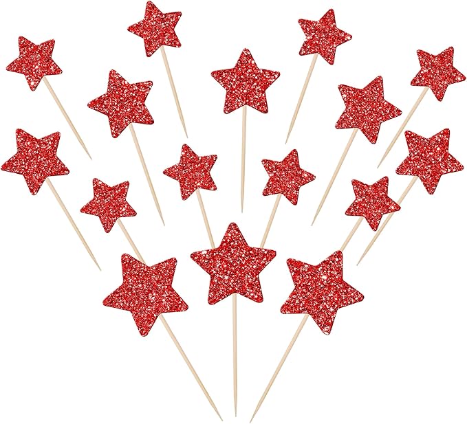 30 PCS Star Cupcake Toppers Glitter Mixed Size Twinkle Little Star Cupcake Picks Decorations for Wedding Anniversary Baby Shower Birthday Party Supplies Red