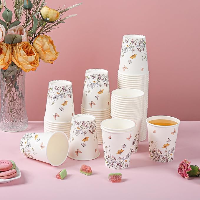 100Pcs Fall Wildflower Paper Cups Watercolor Floral Party Cups 9oz Rustic Botanical Butterflies Disposable Coffee Cups for Spring Summer Birthday Bridal Baby Shower Tea Party Supplies