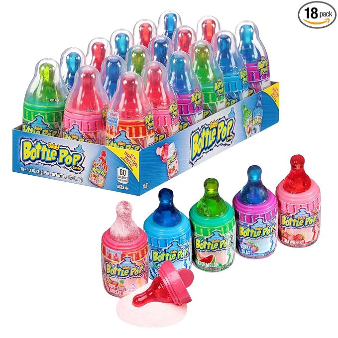 Baby Bottle Pop Christmas Candy Lollipop, 18 Ct Bulk Lollipops w/Dipping Powder in Assorted Fruity Flavors, Full Size, Individually Wrapped Hard Candy For Party Favors, Stocking Stuffers, Kids Gifts