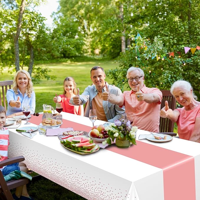 6Pcs White and Rose Gold Tablecloth Party Decorations,Plastic White Table Cloth Printed Rose Gold Table Runner Disposable Rectangle Table Cover for Birthday Anniversary Wedding Grad Party,54 x108 Inch