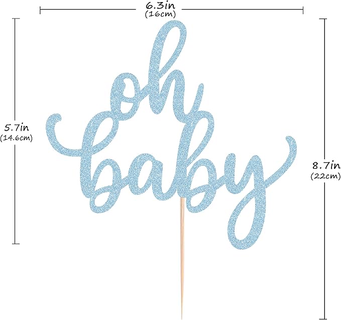 Oh Baby Cake Topper - Glitter Light Blue Baby Shower Cake Decoration Supplies, for Baby Shower/Gender Reveal Party/Baby Birthday Party Photo Booth Props
