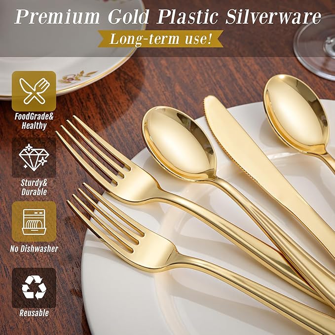 WDF 500PCS Gold Plastic Silverware Set Disposable - Gold Cutlery Set Plastic - 250Forks, 125 Spoons, 125 Knives for Christmas Party, Birthday, Wedding
