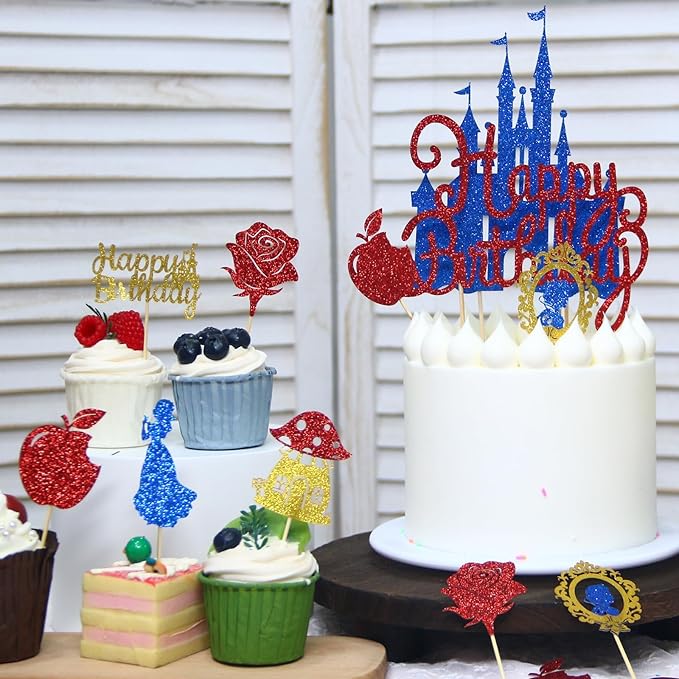 26Pcs Glitter Princess Cake Topper Set with Royal Blue Castle Happy Birthday Cake Toppers Red Rose Apple Cupcake Toppers for Princess Winter Wonderland Forest Baby Shower Party Decor