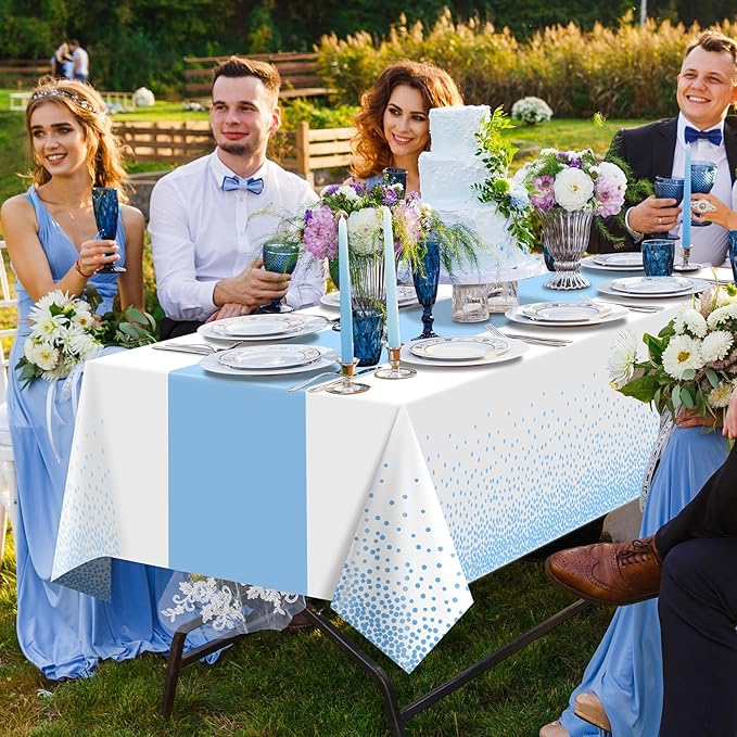 12Pcs White Light Blue Tablecloth Party Decorations,Plastic White Table Cloth Printed Baby Blue Tables Runner Disposable Rectangle Table Cover for Birthday Baby Shower Wedding Party,54 x108 Inch