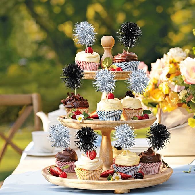 Gyufise 30Pcs Foil Firework Cupcake Toppers Sparkle Tinsel Cake Toppers Tinsel Drink Cake Decoration Cocktail Picks for Birthday Wedding Graduation Party Supplies Black Silver