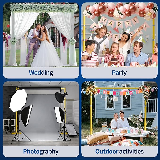 Pipe and Drape Backdrop Stand, 10x10ft Heavy Duty Adjustable Backdrop Frame with Metal Base, Background Holder for Parties Photography Wedding Photoshoot Decoration - Gold