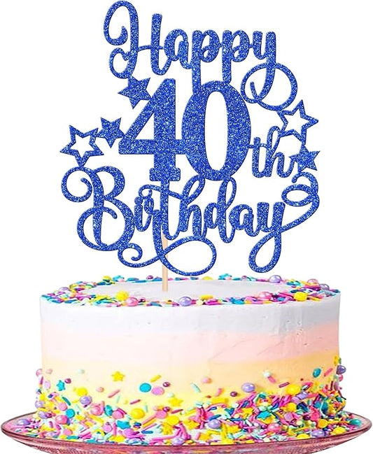 1 PCS Happy 40th Birthday Cake Topper Glitter Cheers to 40 Years Birthday Cake Pick Hello 40 Fabulous Cake Decoration for Happy 40th Birthday Anniversary Party Decorations Supplies Blue