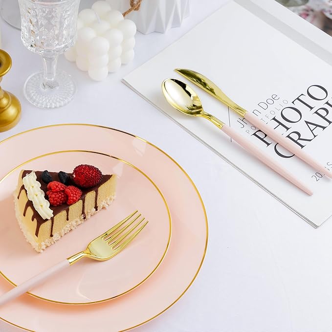 150 PCS Pink Gold Plastic Utensils for 50 Guests, Gold Disposable Silverware with 50 Knives, 50 Spoons and 50 Forks, BPA Free, Ideal for Weddings, Birthdays & Graduation