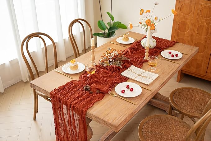 FEXIA Terracotta Cheesecloth Thanksgiving Table Runner 35x120 Inches Orange Red Rust Boho Gauze Christmas Table Runners Burnt for Wedding Decor Reception Bridal Shower Centerpiece