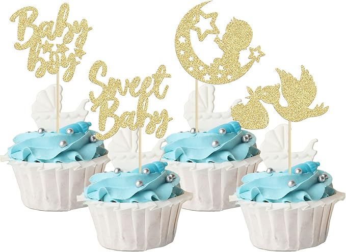24Pcs Baby Boy Cupcake Toppers Gold Glitter Moon Star Sweet Baby Boy Cupcake Picks Decorations for Gender Reveal Baby Shower Kids Boys Birthday Party Supplies