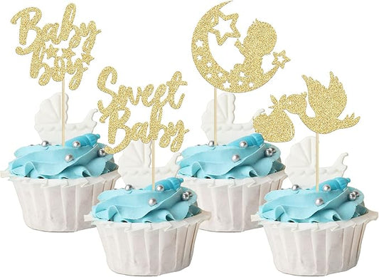 24Pcs Baby Boy Cupcake Toppers Gold Glitter Moon Star Sweet Baby Boy Cupcake Picks Decorations for Gender Reveal Baby Shower Kids Boys Birthday Party Supplies