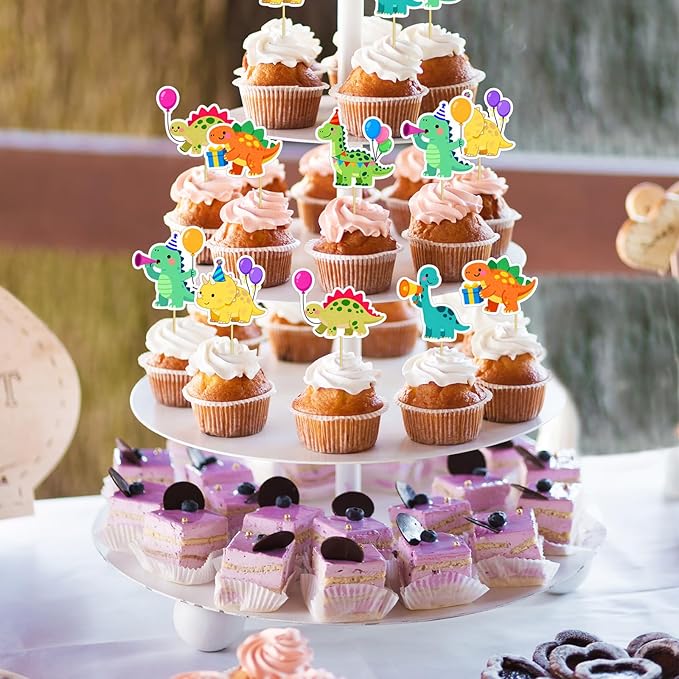 48Pcs Dinosaur Cake Toppers Set - Dinosaur Cupcake Toppers for Birthday Party Decorations, Dino Themed Baby Shower, Cake Decorations with Food-Safe Bamboo Sticks