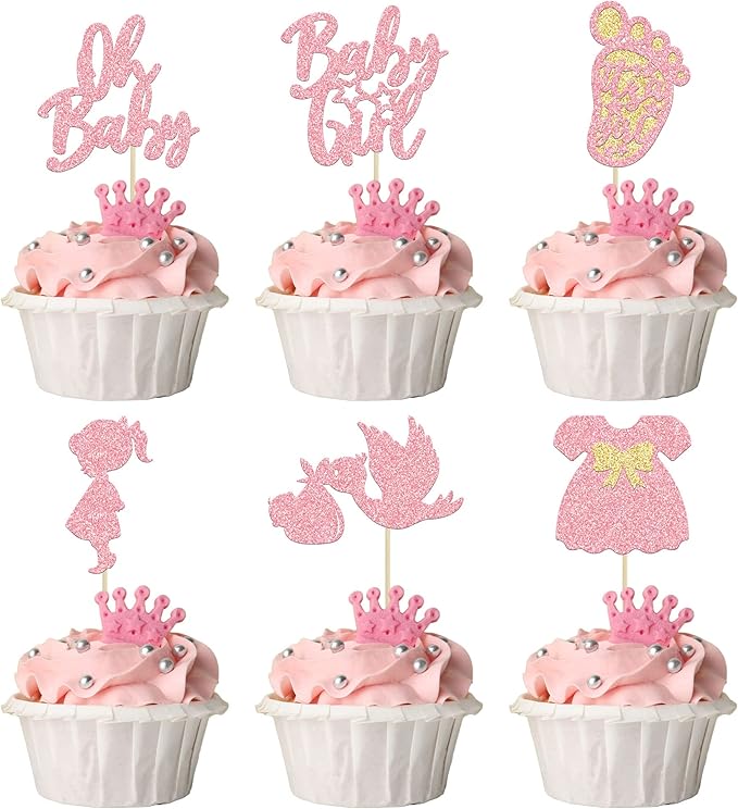 24Pcs Baby Shower Oh Baby Cupcake Toppers with Bow Dress Footprint Swan Pink Glitter Baby Girl Cake Picks Decorations for Baby Shower Gender Reveal Its a Girl Birthday Party Supplies