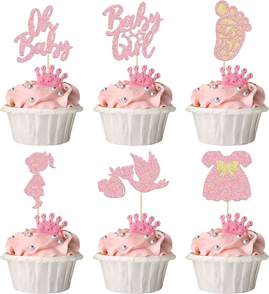 24Pcs Baby Shower Oh Baby Cupcake Toppers with Bow Dress Footprint Swan Pink Glitter Baby Girl Cake Picks Decorations for Baby Shower Gender Reveal Its a Girl Birthday Party Supplies
