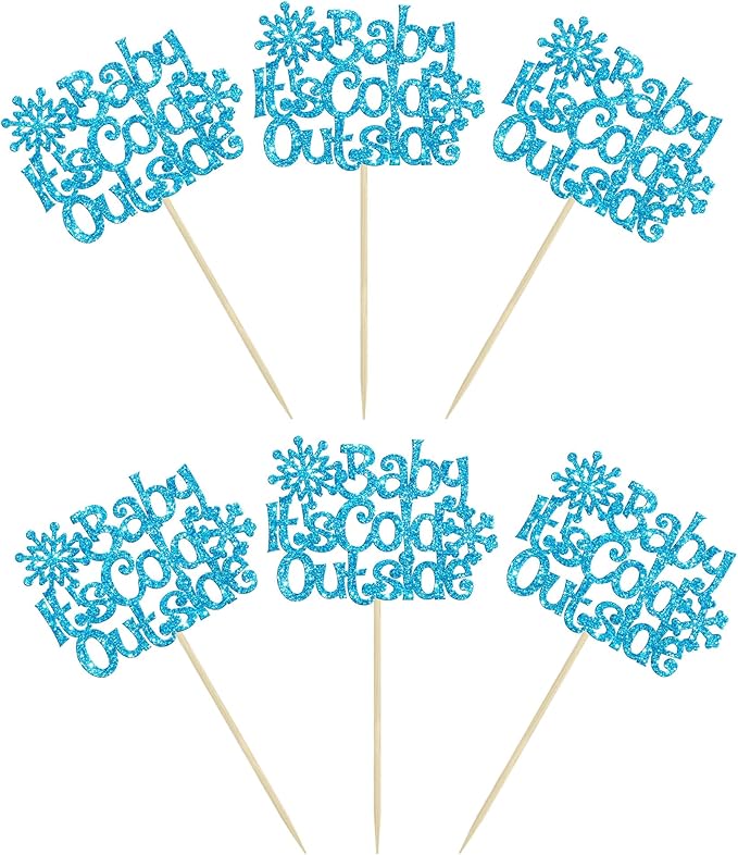 24Pcs Baby It's Cold Outside Snowflake Cupcake Toppers Glitter Winter Frozen Cupcake Picks for Winter Wonderland Baby Shower Birthday Party Cake Decorations Supplies Blue