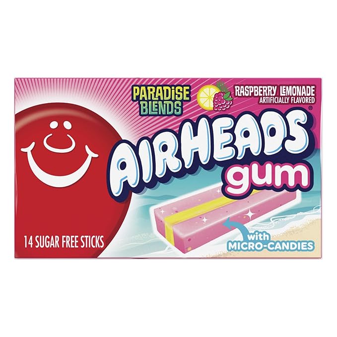 Airheads Chewing Gum, Sugar Free Gum with Micro-Candies, Individually Wrapped Christmas Stocking Stuffers for Adults & Kids, Raspberry Lemonade Flavor Artificially Flavored, 14 Sticks (12-Pack)